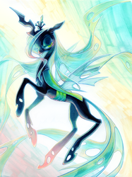 Size: 672x900 | Tagged: safe, artist:fleebites, queen chrysalis, changeling, changeling queen, g4, abstract background, crown, female, jewelry, lidded eyes, rearing, regalia, solo, thin, traditional art