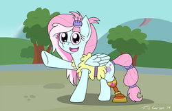 Size: 2295x1485 | Tagged: safe, artist:toonboy92484, kerfuffle, pegasus, pony, g4, my little pony: rainbow roadtrip, amputee, clothes, cute, female, fufflebetes, happy, looking at you, mare, open mouth, pincushion, prosthetic leg, prosthetic limb, prosthetics, smiling, solo, tree, vest, waving