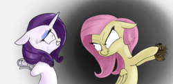Size: 1301x635 | Tagged: safe, artist:t72b, derpibooru exclusive, fluttershy, rarity, pegasus, pony, spider, unicorn, g4, angry, atg 2019, duo, duo female, female, fluttershy is not amused, glare, hoof hold, nervous, newbie artist training grounds, newspaper, scared, scrunchy face, shrunken pupils, simple background, sweat, unamused