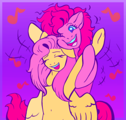 Size: 560x530 | Tagged: safe, artist:guidomista, artist:okuyazu, derpibooru exclusive, fluttershy, pinkie pie, earth pony, pegasus, pony, g4, belly button, cheek squish, color porn, curls, curly hair, curly mane, cute, dancing, diapinkes, duo, eyes closed, female, friends, music, music notes, neon, one eye closed, open mouth, pink, pink hair, platonic, shyabetes, smiling, spread wings, squishy cheeks, underhoof, waist up, wings, wink, yellow