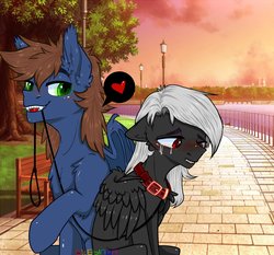 Size: 2048x1910 | Tagged: source needed, safe, artist:nikameowbb, oc, oc only, oc:luriel maelstrom, oc:warly, bat pony, pony, assertive, bat pony oc, collar, commission, crying, heart, humiliation, leash, pet, public humiliation, river, tree, your character here