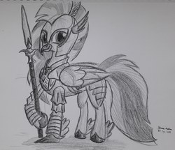 Size: 2845x2448 | Tagged: safe, artist:rockhoppr3, silverstream, hippogriff, g4, armor, dark souls, female, high res, knight, monochrome, polearm, signature, solo, traditional art, weapon