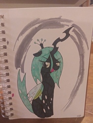 Size: 4160x3120 | Tagged: safe, artist:taurson, queen chrysalis, changeling, changeling queen, g4, crown, fangs, female, jewelry, regalia, smiling, solo, traditional art
