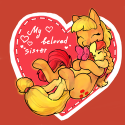 Size: 1024x1024 | Tagged: safe, artist:teichi, apple bloom, applejack, earth pony, pony, alternate hairstyle, bow, braid, duo, eyes closed, female, filly, hair bow, heart, hug, mare, sibling love, siblings, sisterly love, sisters, smiling