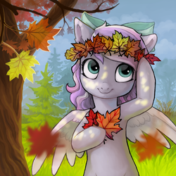 Size: 1022x1024 | Tagged: safe, artist:teichi, oc, oc only, oc:iridescent flings, pegasus, pony, bow, cloud, female, floral head wreath, flower, grass, hair bow, leaves, mare, pegasus oc, pine tree, smiling, solo, spread wings, tree, wings, wreath