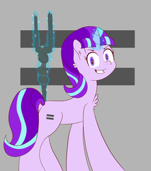 Size: 1280x1451 | Tagged: safe, artist:grapemelondrawshorses, starlight glimmer, pony, unicorn, g4, the cutie map, egalitarianism, equal cutie mark, evil grin, female, gray background, grin, horn, magic, magic aura, mare, newbie artist training grounds, s5 starlight, simple background, smiling, solo, staff, staff of sameness