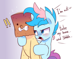 Size: 2400x1943 | Tagged: safe, artist:maren, artist:paperbagpony, color edit, edit, oc, oc:blue chewings, oc:paper bag, pony, blushing, bone, chew toy, collaboration, colored, dialogue, paper bag, sweat