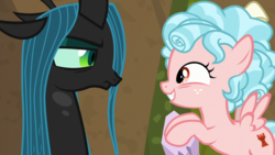Size: 1920x1080 | Tagged: safe, screencap, cozy glow, queen chrysalis, changeling, changeling queen, pegasus, pony, frenemies (episode), g4, duo, female, filly, foal, lidded eyes