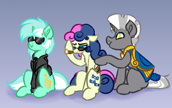 Size: 3800x2400 | Tagged: safe, artist:witchtaunter, bon bon, lyra heartstrings, sweetie drops, oc, oc:scope, earth pony, pony, unicorn, g4, clothes, commission, facehoof, female, frown, high res, male, mare, necktie, rope, secret agent sweetie drops, shirt, sitting, stallion, suit, sunglasses, tail wrap, watch, wristwatch