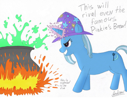 Size: 3293x2536 | Tagged: safe, artist:greengimmick, trixie, pony, unicorn, g4, cauldron, clothes, female, fire, grin, hat, high res, magic, mare, simple background, smiling, smirk, solo, trixie's hat, white background