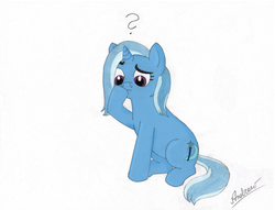Size: 3306x2525 | Tagged: safe, artist:greengimmick, trixie, pony, unicorn, g4, female, high res, mare, missing accessory, puzzled, simple background, sitting, solo, white background