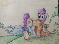 Size: 4032x3024 | Tagged: safe, artist:breeze the peryton, oc, oc only, oc:theartisttree, earth pony, pony, porg, art, cape, clothes, crayon, crayon drawing, drawing, island, jedi, mountain, ocean, photo, robe, solo, star wars, star wars: the last jedi, traditional art, water