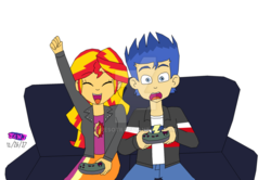 Size: 1024x680 | Tagged: safe, artist:stella-exquisa, flash sentry, sunset shimmer, equestria girls, g4, female, male, ship:flashimmer, shipping, straight, video game