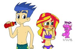 Size: 1024x675 | Tagged: safe, artist:stella-exquisa, flash sentry, sunset shimmer, equestria girls, g4, blushing, clothes, female, male, partial nudity, ship:flashimmer, shipping, simple background, straight, swimsuit, watermark, white background