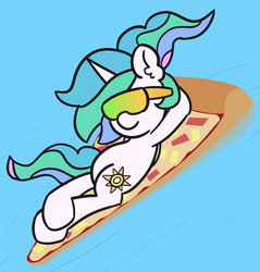 Size: 1050x1100 | Tagged: safe, artist:threetwotwo32232, princess celestia, alicorn, pony, g4, female, floaty, food, inflatable, mare, newbie artist training grounds, pizza, pool toy, solo, sunglasses, swimming pool