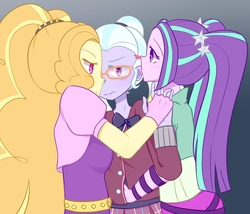 Size: 1351x1154 | Tagged: safe, artist:yuck, adagio dazzle, aria blaze, sugarcoat, equestria girls, g4, blushing, crack shipping, cropped, ear licking, female, group hug, holding hands, hug, lesbian, licking, shipping, sugarblaze, sugardagio, tongue out, trio