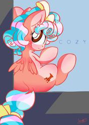Size: 2480x3508 | Tagged: safe, artist:patoriotto, cozy glow, pegasus, pony, g4, blushing, bow, butt, cozy glutes, cozybetes, cute, dock, ear fluff, female, filly, foal, freckles, frown, hair bow, high res, looking at you, looking back, looking back at you, plot, rear view, signature, sitting, solo, tail bow, text