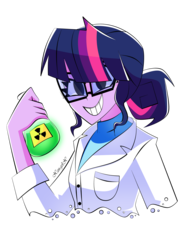 Size: 2443x3264 | Tagged: safe, artist:xan-gelx, sci-twi, twilight sparkle, equestria girls, g4, clothes, female, grin, high res, lab coat, mad scientist, radioactive, radioactive waste, simple background, smiling, solo, transparent background