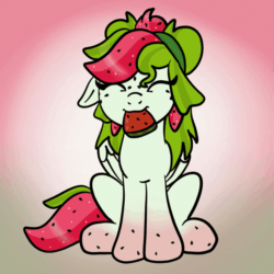 Size: 849x849 | Tagged: safe, artist:sjart117, oc, oc only, oc:watermelana, pegasus, pony, :3, animated, barely animated, chewing, eating, eyes closed, female, food, freckles, fruit, gif, gradient background, gradient hooves, herbivore, mare, silly, solo, watermelon