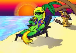 Size: 1920x1358 | Tagged: safe, artist:lizardwithhat, oc, oc only, oc:beauty leaf, crab, earth pony, pegasus, pony, atg 2019, beach, beach chair, chair, clothes, detailed background, floral necklace, hawaiian shirt, newbie artist training grounds, ocean, palm tree, relaxing, shirt, sunglasses, sunset, tree