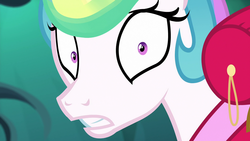 Size: 1920x1080 | Tagged: safe, screencap, princess celestia, alicorn, pony, between dark and dawn, g4, big eyes, close-up, faic, female, mare, scared, scaredlestia, shrunken pupils, terrified, that princess sure is afraid of chickens