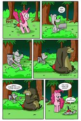 Size: 1024x1536 | Tagged: safe, artist:cartoon-eric, harry, pinkie pie, oc, oc:fred wolfbane, bear, werewolf, comic:pink. it's what's for dinner, g4, comic, exclamation point, flattened, forest, gun, interrobang, question mark, suction cup, weapon