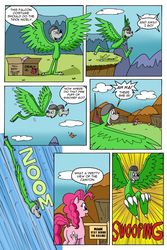 Size: 1024x1536 | Tagged: safe, artist:cartoon-eric, pinkie pie, oc, oc:fred wolfbane, coyote, earth pony, pony, comic:pink. it's what's for dinner, g4, animal costume, bird costume, box, canyon, clothes, comic, costume