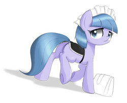 Size: 1102x896 | Tagged: safe, artist:jicho, tote bag (g4), earth pony, pony, g4, bag, butt, clothes, cute, dock, featureless crotch, female, looking back, maid, mare, pixiv, plot, simple background, solo, tote bag, underhoof, white background