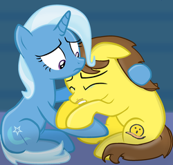 Size: 1863x1783 | Tagged: safe, artist:grapefruitface1, trixie, oc, oc:grapefruit face, pony, unicorn, g4, base used, canon x oc, comforting, crying, emotional, female, grapexie, male, self insert, shipping, show accurate, straight