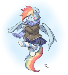 Size: 1077x1175 | Tagged: safe, artist:fmsk_ii, rainbow dash, pegasus, pony, g4, blushing, clothes, cute, dashabetes, female, jacket, mare, moe, no nose, pixiv, pleated skirt, scarf, skirt, socks, solo, spread wings, striped socks, thigh highs, wings