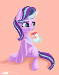 Size: 2000x2550 | Tagged: safe, artist:pucksterv, artist:styroponyworks, starlight glimmer, pony, unicorn, g4, collaboration, cup, cute, drink, drinking, fast food, female, food, glimmerbetes, high res, in-n-out, mare, pink background, pun, simple background, sitting, smiling, solo