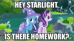 Size: 640x360 | Tagged: safe, edit, edited screencap, screencap, starlight glimmer, trixie, pony, unicorn, g4, cape, caption, clothes, everfree forest, female, hat, homework, image macro, mare, meme, text, trixie's cape, trixie's hat, whispering