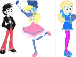 Size: 10807x8125 | Tagged: safe, artist:shootingstarsentry, oc, oc:azure/sapphire, oc:gareth, equestria girls, g4, bow, clothes, crossdressing, dress, femboy, feminization, heterochromia, high heels, jacket, makeover, male, mirror, pigtails, shoes