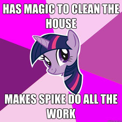 Size: 600x600 | Tagged: safe, twilight sparkle, pony, unicorn, g4, caption, female, head only, image macro, implied slavery, implied spike, mare, solo, sunburst background, text, unicorn twilight