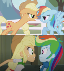 Size: 1143x1259 | Tagged: safe, edit, screencap, applejack, rainbow dash, earth pony, pegasus, pony, equestria girls, g4, my little pony equestria girls: rainbow rocks, the ticket master, angry, comparison, screaming