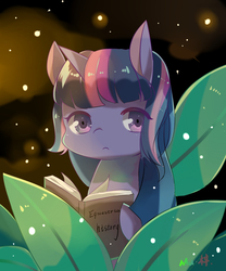 Size: 1000x1200 | Tagged: safe, artist:mu-zizi, twilight sparkle, firefly (insect), pony, g4, book, cute, female, leaf, looking at you, mare, pixiv, solo, twiabetes