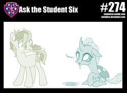 Size: 800x589 | Tagged: safe, artist:sintakhra, ocellus, sandbar, changedling, changeling, pony, tumblr:studentsix, g4, cake, cute, diaocelles, dish, drool, eyes on the prize, food, hungry, looking at butt, mouth hold, post-it, puppy dog eyes, sandabetes, tail wag, whining