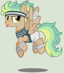 Size: 1024x1157 | Tagged: dead source, safe, artist:grumppanda, oc, oc only, oc:golden daze, pegasus, pony, bandage, clothes, female, flying, looking at you, mare, simple background, solo, tongue out