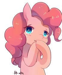 Size: 1000x1200 | Tagged: safe, artist:mu-zizi, pinkie pie, earth pony, pony, g4, blushing, crying, cute, diapinkes, eye clipping through hair, female, pixiv, sad, sadorable, simple background, solo, white background