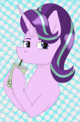 Size: 1006x1544 | Tagged: safe, artist:dyonys, derpibooru exclusive, starlight glimmer, pony, unicorn, g4, abstract background, bubble tea, bust, drink, female, hooves, mare, solo, straw