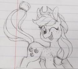 Size: 1024x902 | Tagged: safe, artist:cartoonboyfriends, applejack, earth pony, pony, g4, hat, lined paper, one eye closed, pencil drawing, sketch, traditional art, wink