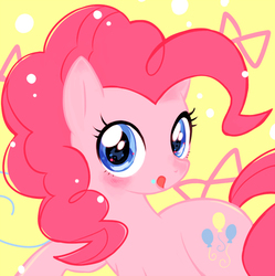 Size: 600x603 | Tagged: safe, artist:oyu, pinkie pie, earth pony, pony, g4, bow, cute, diapinkes, female, looking at you, mare, pixiv, simple background, solo, tongue out, yellow background