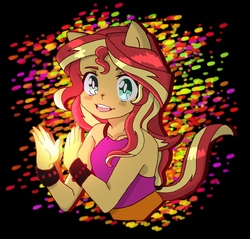 Size: 3549x3387 | Tagged: safe, artist:cornalina31, sunset shimmer, equestria girls, g4, abstract background, anime, big eyes, bust, clapping, colorful background, cute, female, happy, high res, open mouth, ponied up, pony ears, ponytail, shimmerbetes, solo