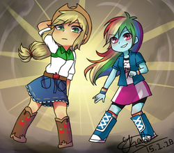 Size: 429x378 | Tagged: safe, artist:kalad_loiyisok, applejack, rainbow dash, equestria girls, g4, arm behind head, duo, female, pixiv, signature, smiling