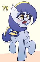 Size: 1104x1701 | Tagged: safe, artist:puetsua, oc, oc only, oc:eclipse lim, bat pony, pony, bat pony oc, blushing, chest fluff, ear fluff, exclamation point, fangs, female, glasses, interrobang, lidded eyes, mare, open mouth, question mark, raised hoof, raised leg, solo, surprised