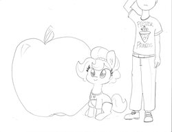Size: 1863x1440 | Tagged: safe, artist:tjpones, oc, oc only, oc:brownie bun, oc:richard, earth pony, human, pony, horse wife, apple, clothes, duo, ear fluff, female, food, giant apple, giant produce, grayscale, human male, implied princess cadance, male, mare, monochrome, peetzer, pencil drawing, pun, shirt, simple background, sitting, traditional art, white background