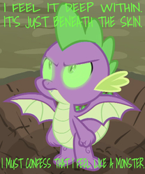 Size: 640x768 | Tagged: safe, edit, edited screencap, editor:undeadponysoldier, screencap, spike, dragon, g4, molt down, angry, caption, edgy, fist, glowing eyes, green eyes, image macro, looking up, lyrics, male, monster, monster (song), skillet (band), solo, song reference, spread wings, text, winged spike, wings, word art