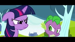 Size: 1280x720 | Tagged: safe, screencap, spike, twilight sparkle, pony, unicorn, g4, hurricane fluttershy, angry, female, looking at each other, mare, tree, unicorn twilight
