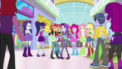 Size: 1920x1080 | Tagged: safe, screencap, applejack, fluttershy, micro chips, mystery mint, nolan north, pinkie pie, rainbow dash, rarity, sci-twi, starlight glimmer, sunset shimmer, twilight sparkle, human, equestria girls, equestria girls specials, g4, my little pony equestria girls: mirror magic, background human, boots, canterlot mall, clothes, female, geode of fauna, geode of shielding, geode of sugar bombs, geode of super strength, geode of telekinesis, glasses, high heels, humane five, humane seven, humane six, magical geodes, male, mirror, sci-twi outfits, shoes