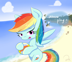Size: 2700x2320 | Tagged: safe, artist:aitureria, rainbow dash, pegasus, pony, g4, backwards cutie mark, beach, beach ball, bipedal, bronybait, cloud, cute, dashabetes, dialogue, female, heart, high res, looking at you, mare, ocean, open mouth, palm tree, solo, talking to viewer, tree, wet, wet mane